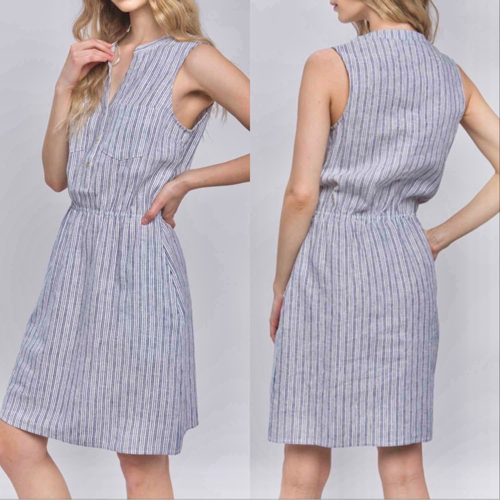 BLUE STRIPED LINEN DRESS - WITH POCKETS - Picture 2 of 4